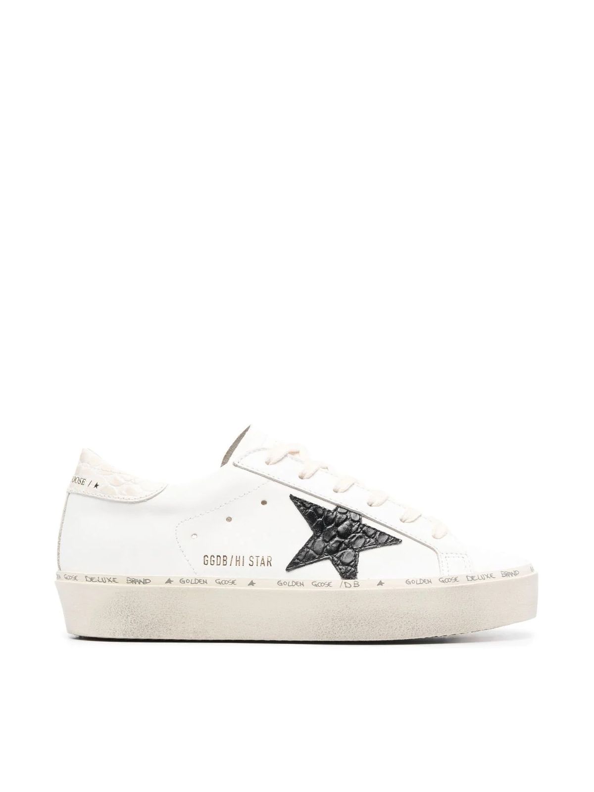 Golden Goose Hi Star Leather Upper Cocco Printed Leather Star And Heel In White Black Ivory