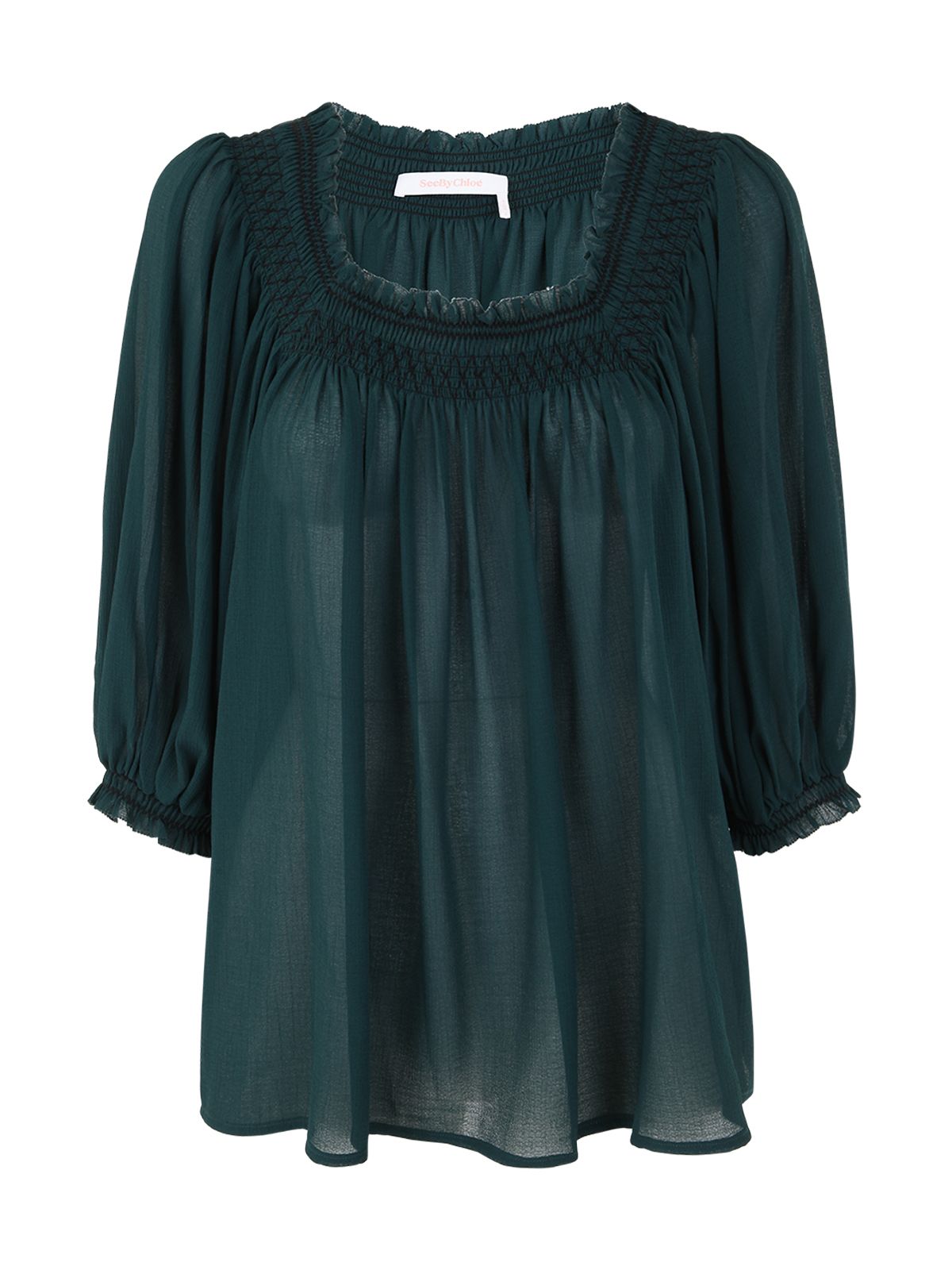 See By Chloé Embroidered Smocked Georgette Blouse In Black Pine