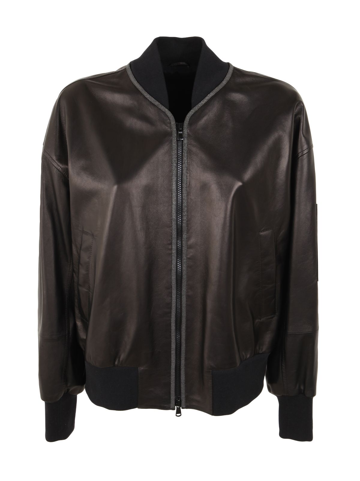 Brunello Cucinelli Monili-trim Glossy Nappa Leather Bomber Jacket In Black