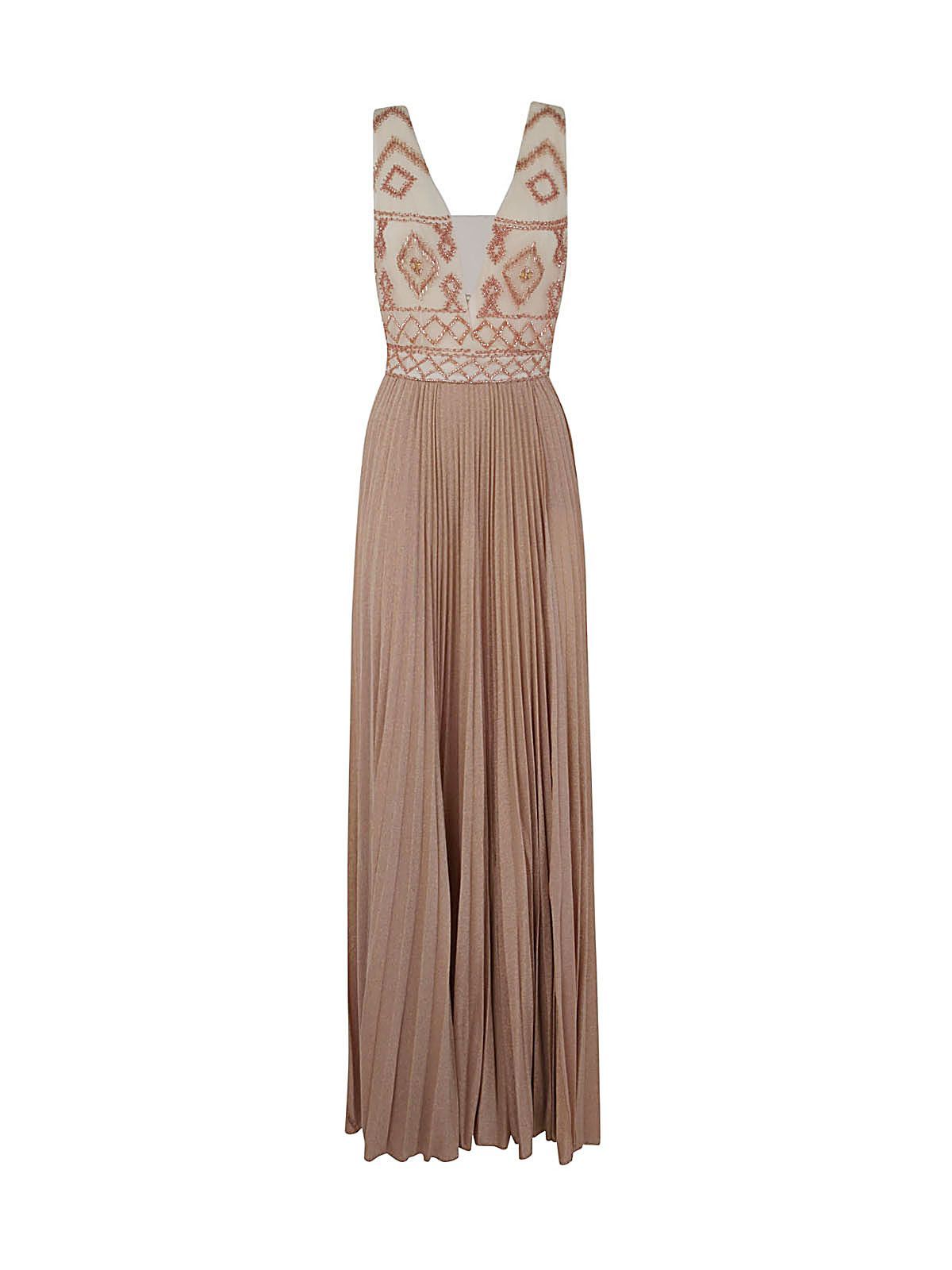 Elisabetta Franchi Pleated Sleeveless Long Dress With Paillettes In Butter Meat