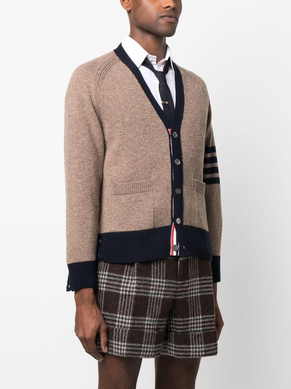 Shop Thom Browne Jersey Stitch Raglan Sleeve Relaxed V Neck Cardigan In Shetland Wool With 4 Bar Stripe