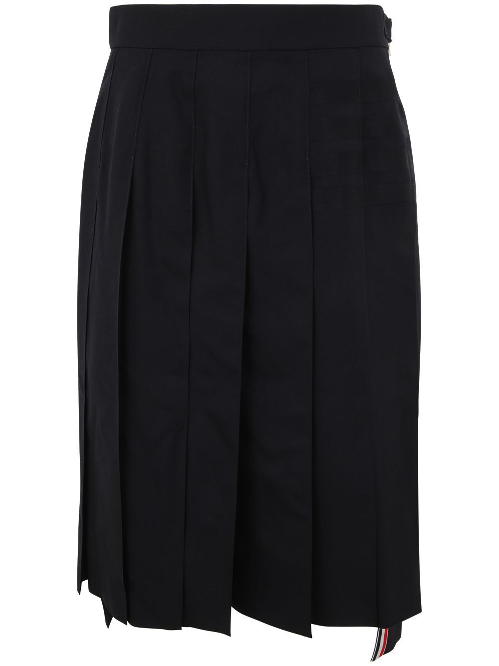 THOM BROWNE BELOW KNEE DROPPED BACK PLEATED SKIRT IN ENGINEERED 4 BAR PLAIN WEAVE SUITING,FGC400V.06146
