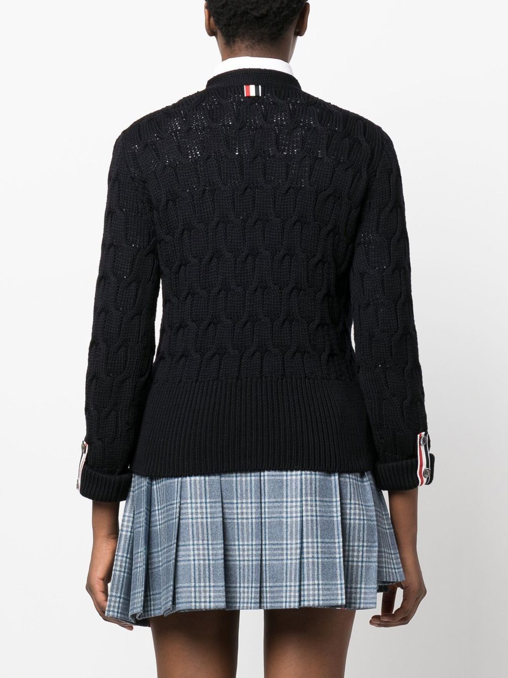 Shop Thom Browne Crisscross Cable Stitch 3/4 Sleeve V Neck Cardigan In Merino Wool With Rolled Cuffs And Rwb Tabs