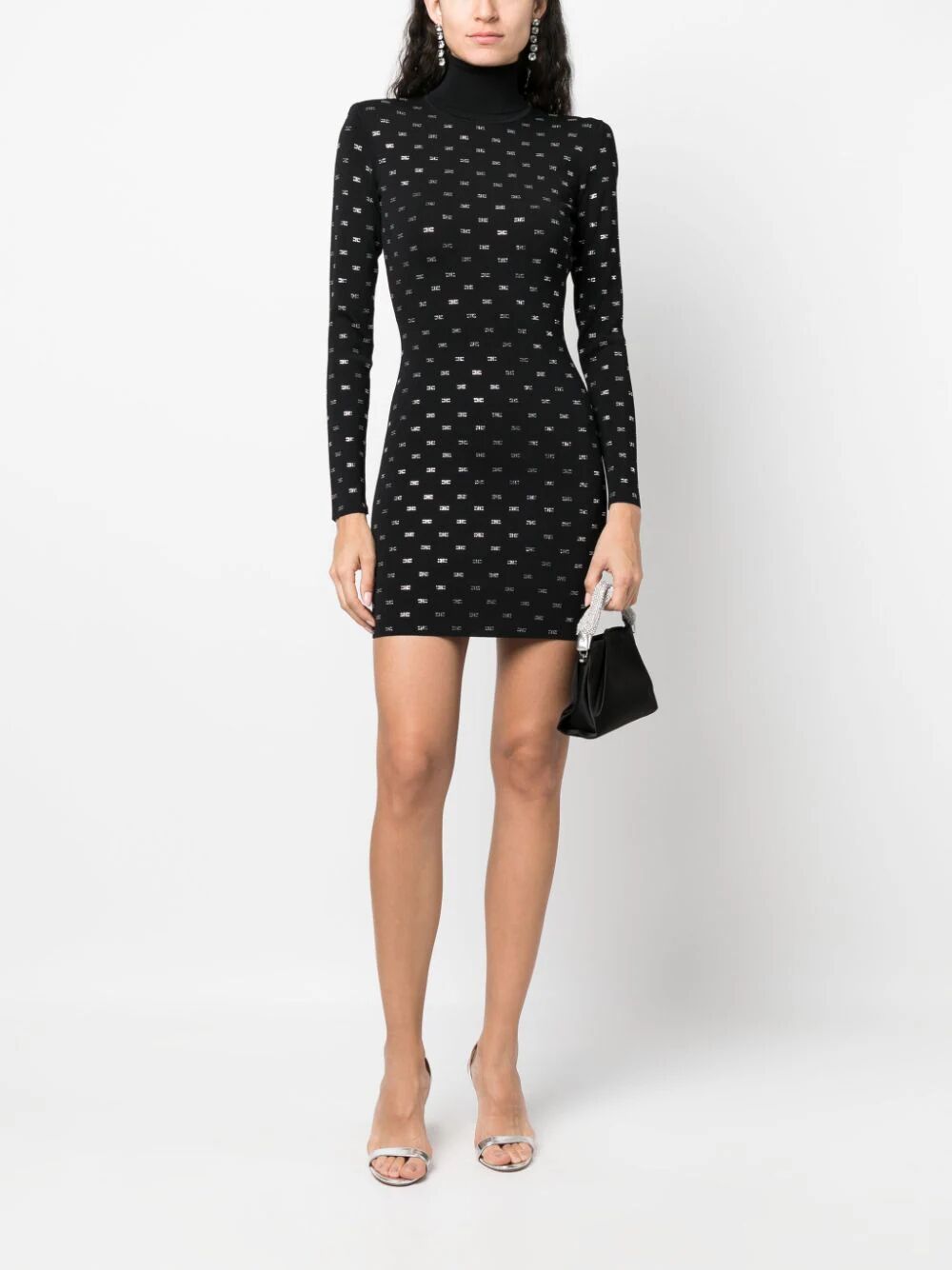 Shop Elisabetta Franchi Turtle Neck Mini Dress With Swarovsky In Black