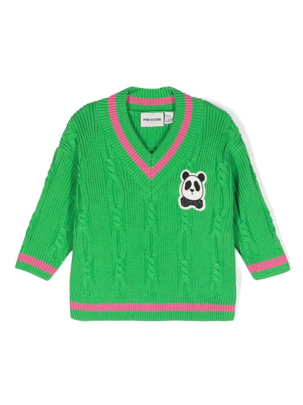 Minirodini Panda Knitted V Neck Sweater In Green