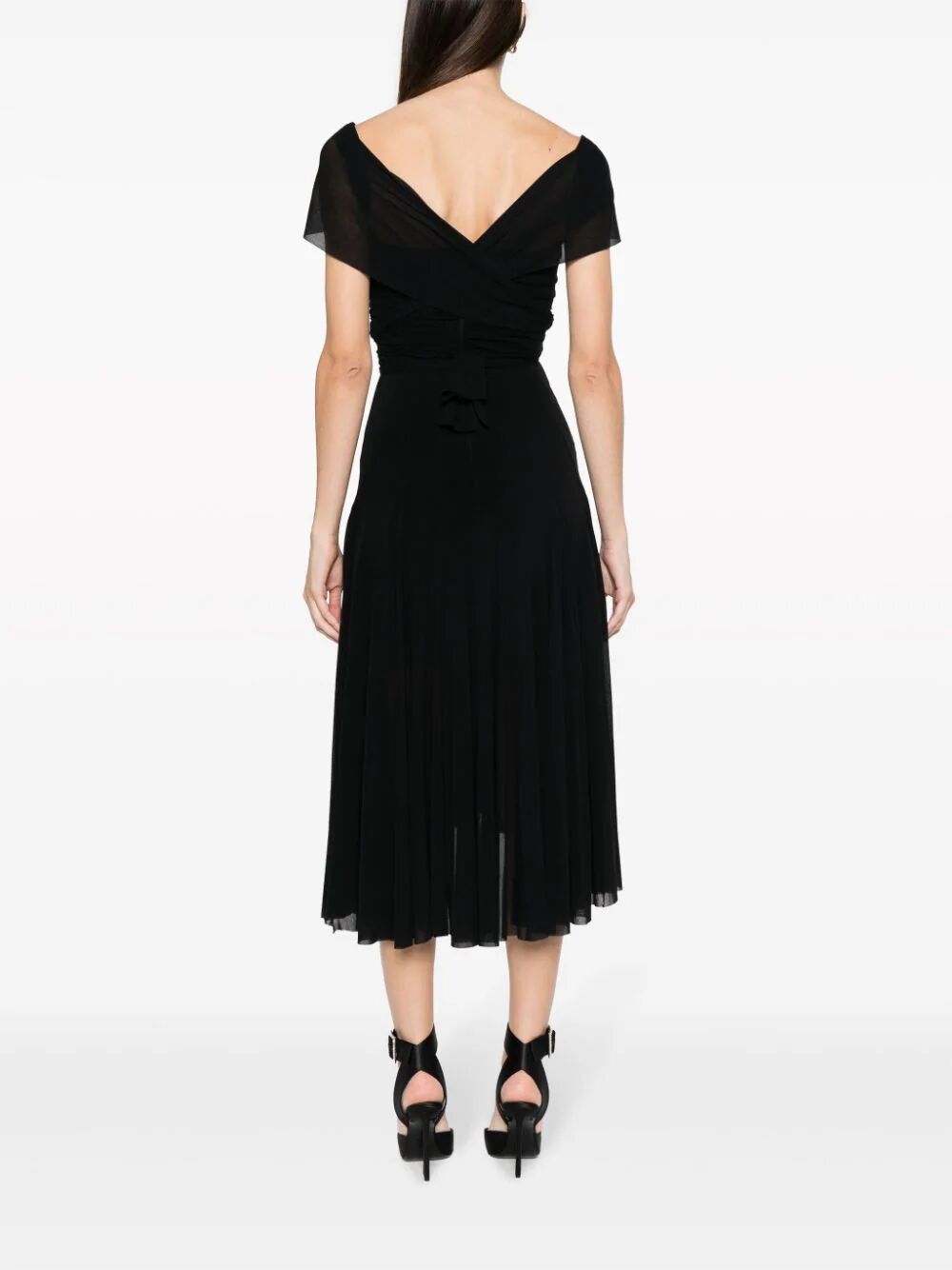Shop Philosophy Short Sleeves Long Dress With Tulle And Naked Shoulder In Black