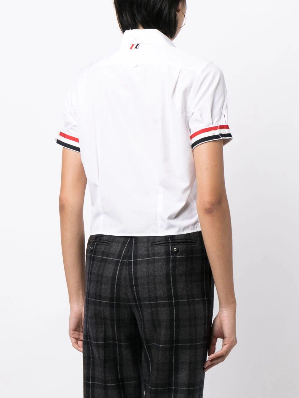 Shop Thom Browne Short Sleeve Tucked Blouse With Rwb Gg Cuff In Solid Poplin In White