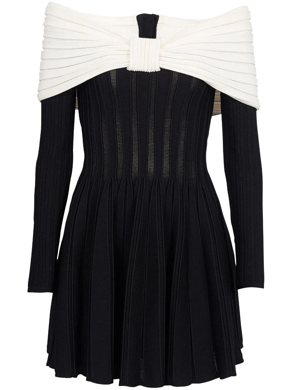 Shop Balmain Long Sleeves Off Shoulder Rib Knit Short Flare Dress In Black