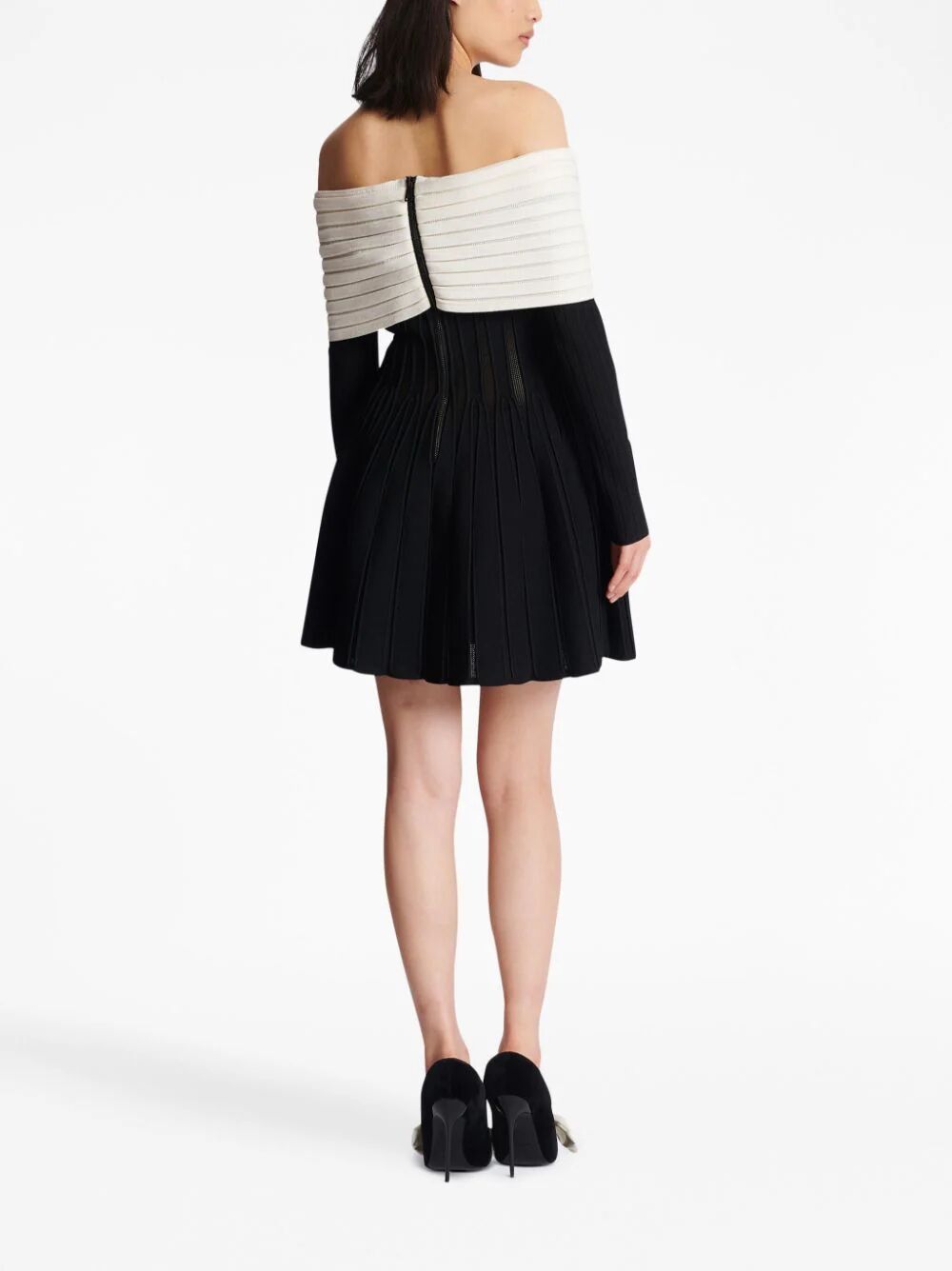 Shop Balmain Long Sleeves Off Shoulder Rib Knit Short Flare Dress In Black
