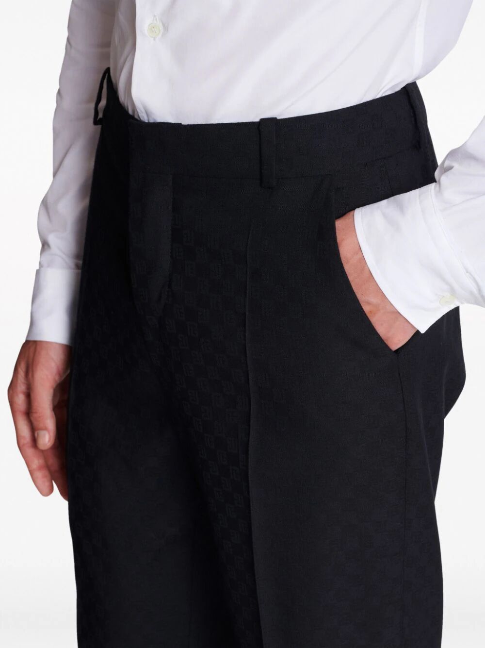 Shop Balmain Monogram Jacquard Straight Wool Pants In Black