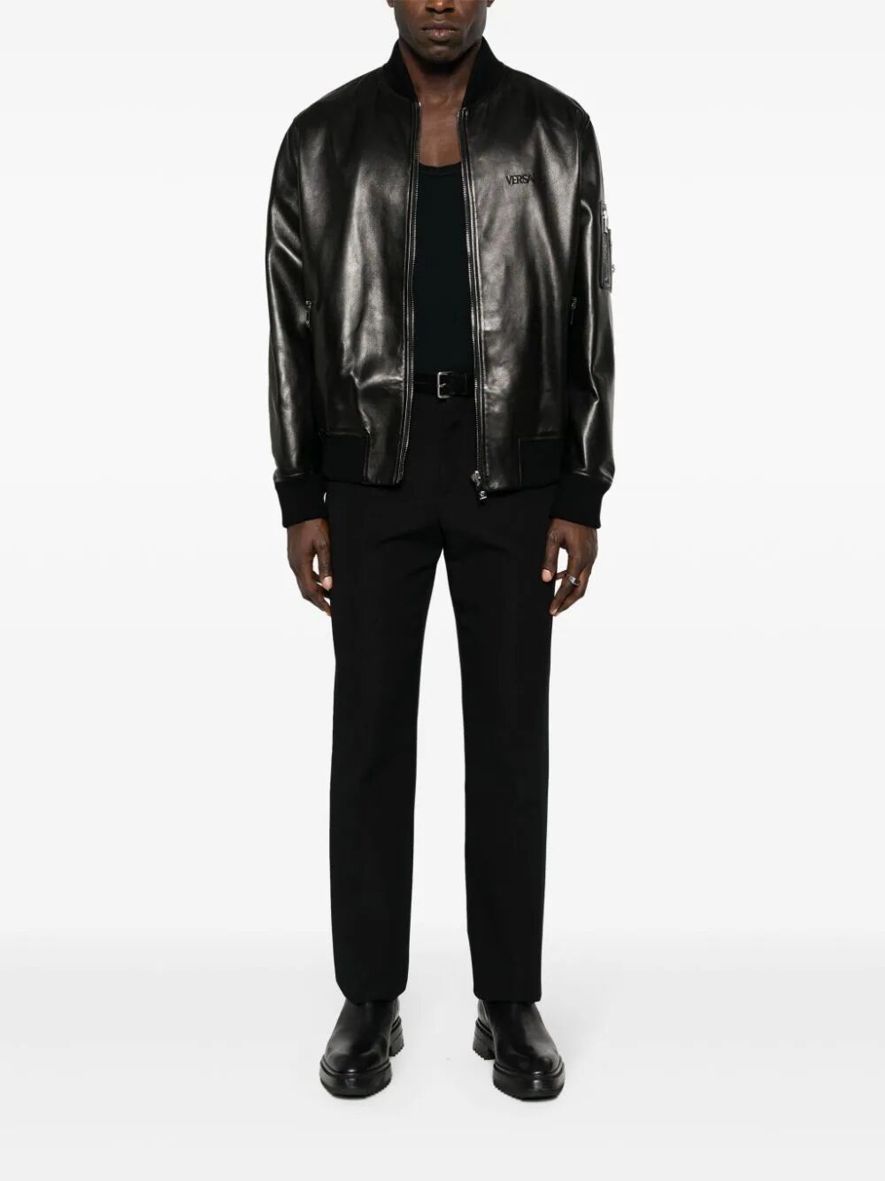 Shop Versace Blouson Leather Solid Leather  Embroidery In Black