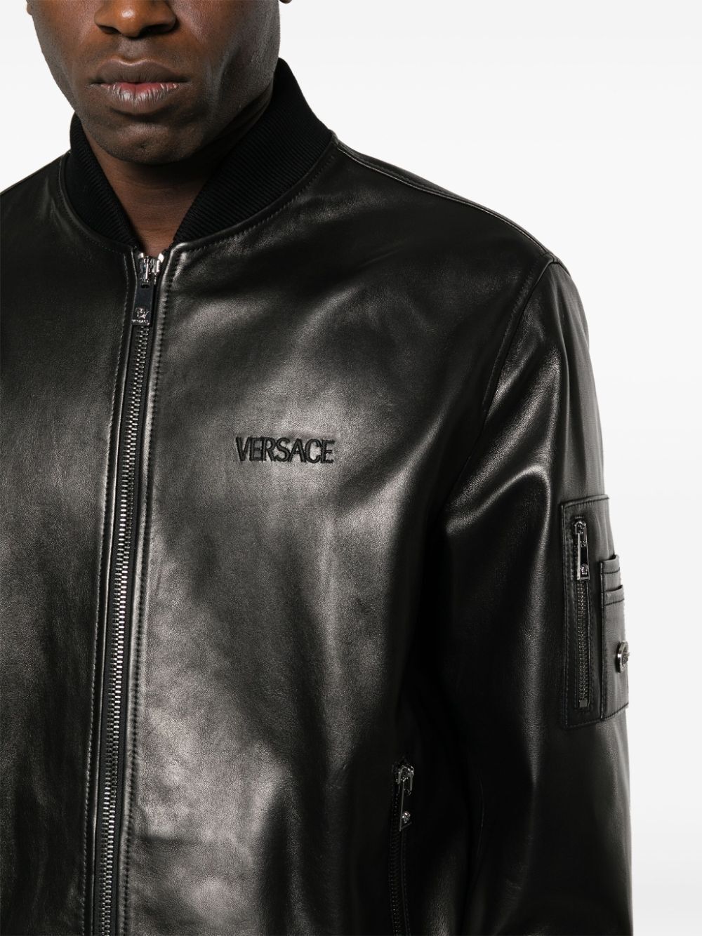 Shop Versace Blouson Leather Solid Leather  Embroidery In Black