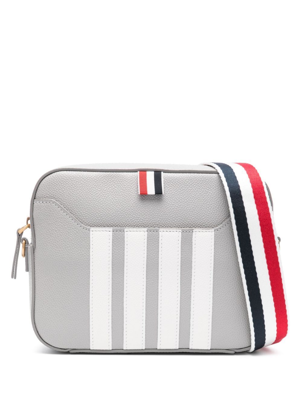 Thom Browne Small Camera Bag With Rwb Strap &amp; 4 Bar Stripes In Pebble Grain Leather In Grey