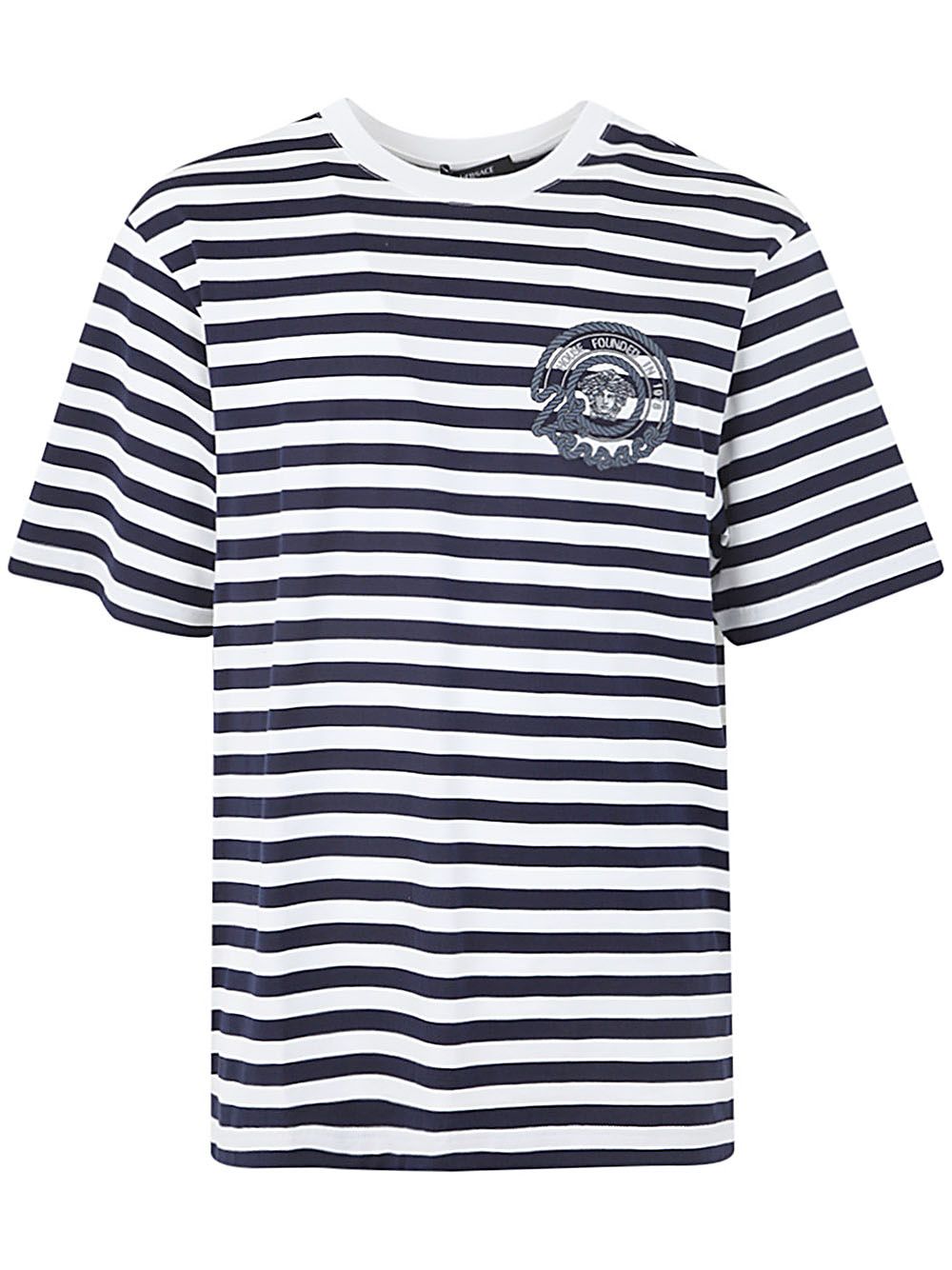 Shop Versace T-shirt Striped Jersey Fabric + Embroidered  Nautical Emblem In White