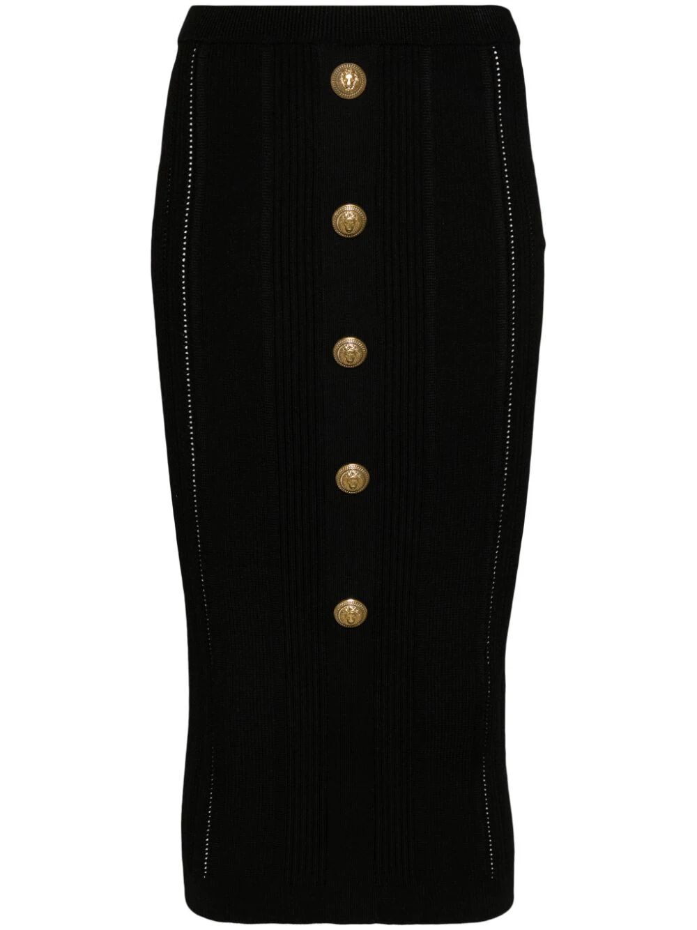 Shop Balmain High Waist Five Button See Through Knit Midi Skirt In Black