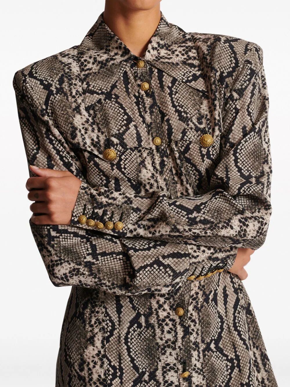 Shop Balmain Long Sleeve Python Satin Long Shirt Dress In Grey