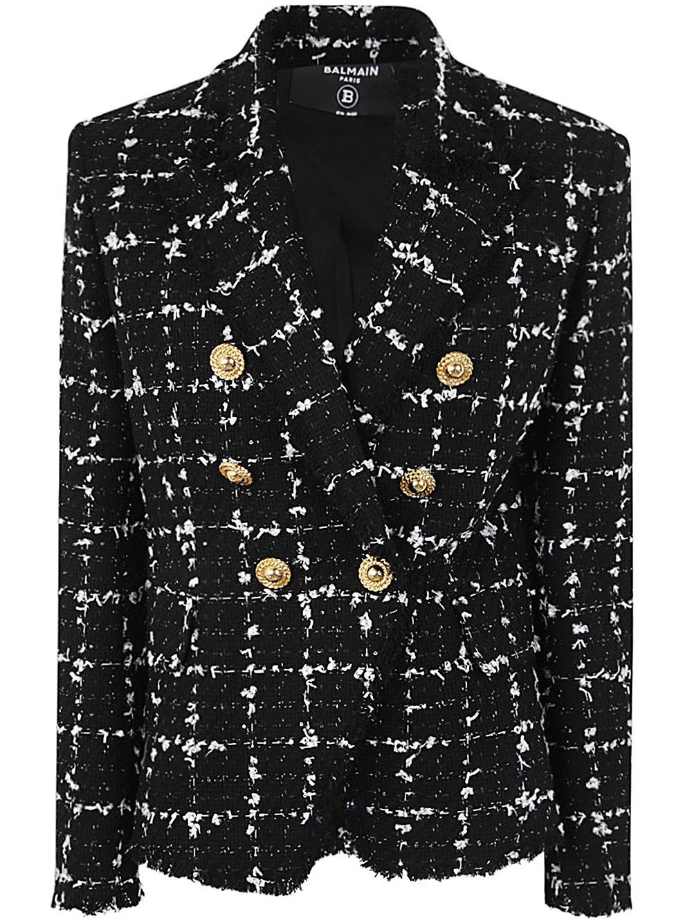 Shop Balmain Six Button Double Breasted Squared Tweed Jacket In Black