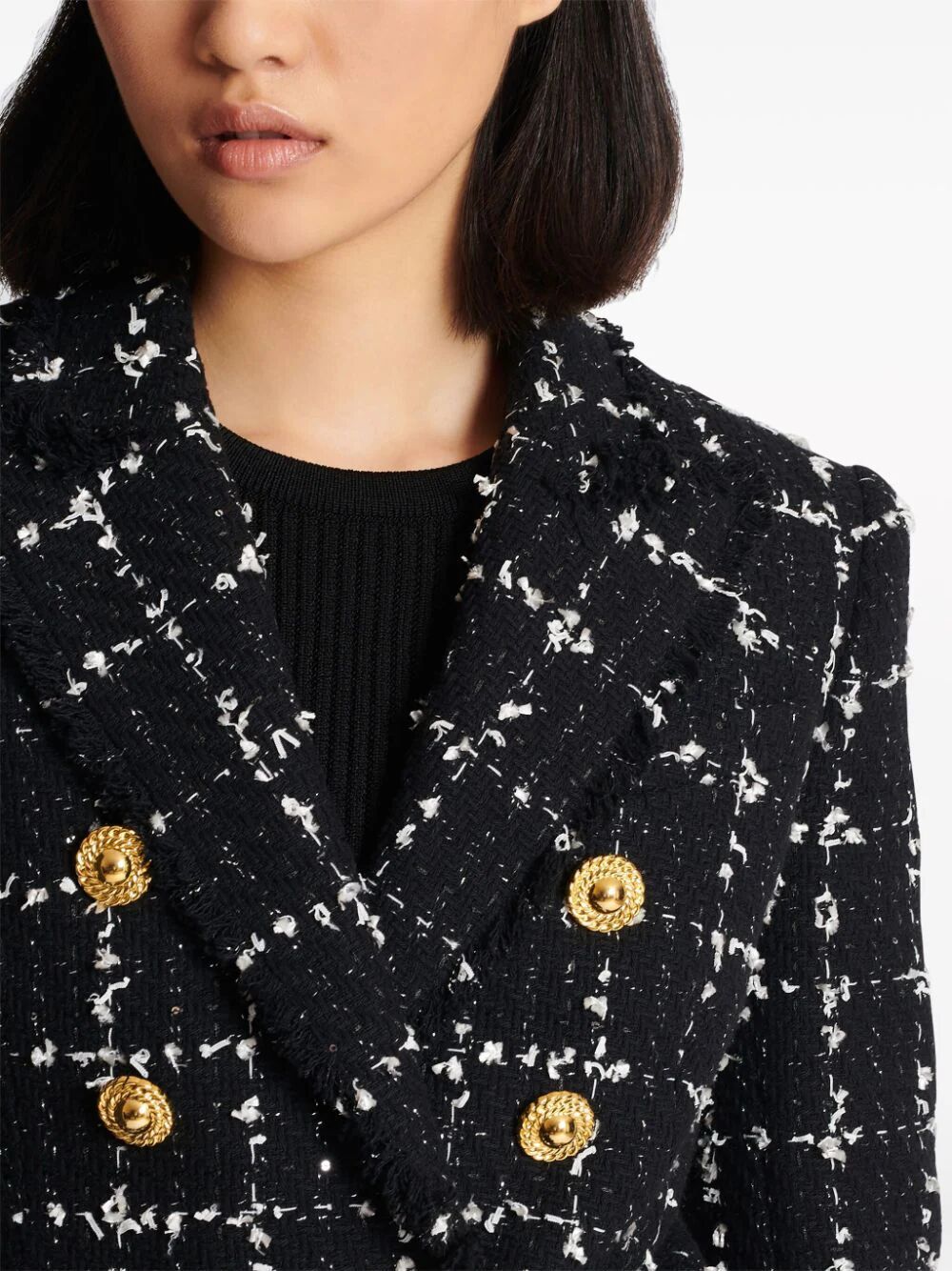 Shop Balmain Six Button Double Breasted Squared Tweed Jacket In Black