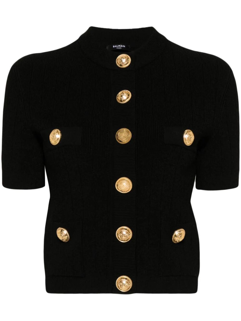 Shop Balmain Short Sleeve Buttoned Knit Short Cardigan In Black