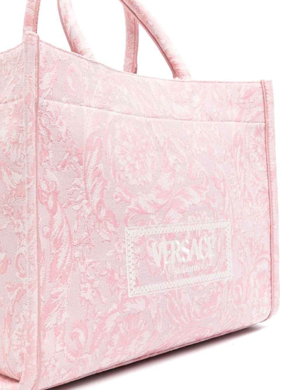 Shop Versace Large Tote Embroidery Jacquard In Pink & Purple