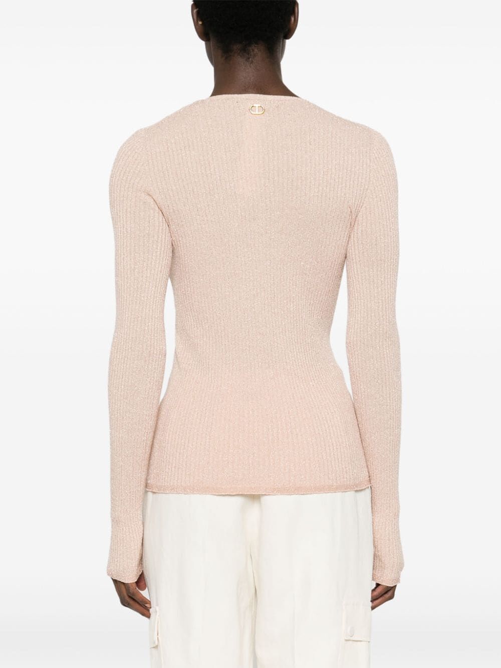 Shop Twinset V Neck Ribbed Sweater In Pink & Purple