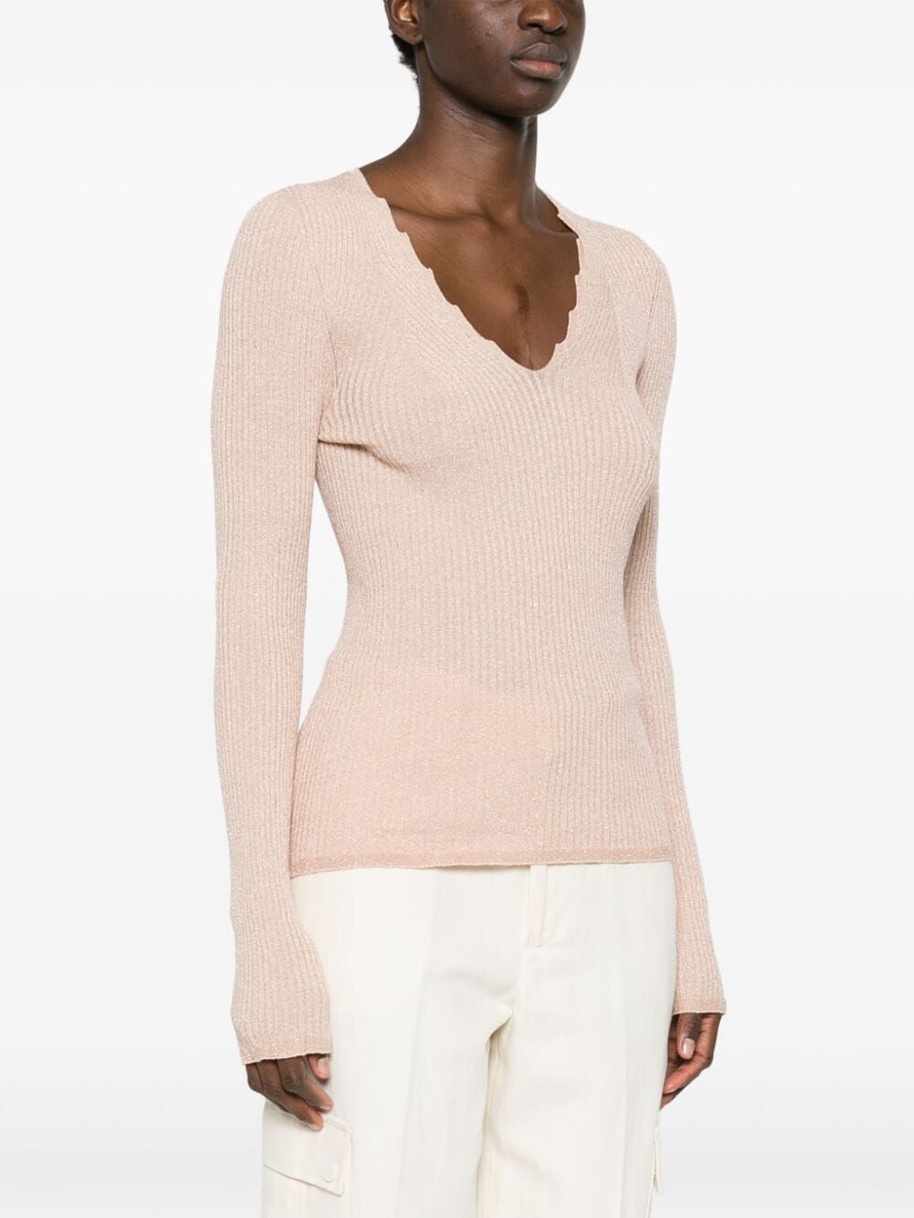 Shop Twinset V Neck Ribbed Sweater In Pink & Purple