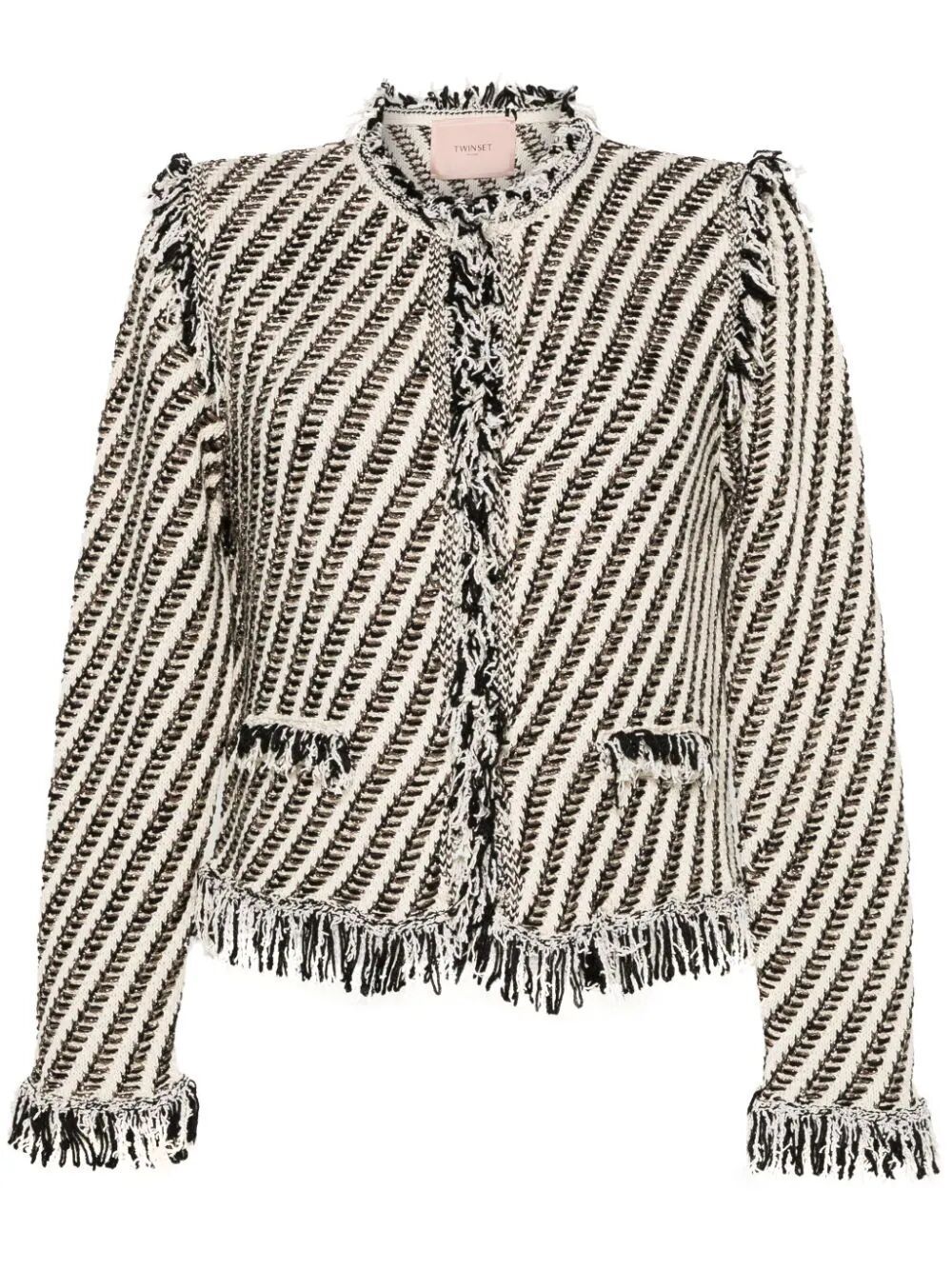 Shop Twinset Striped Jacket With Fringes In White