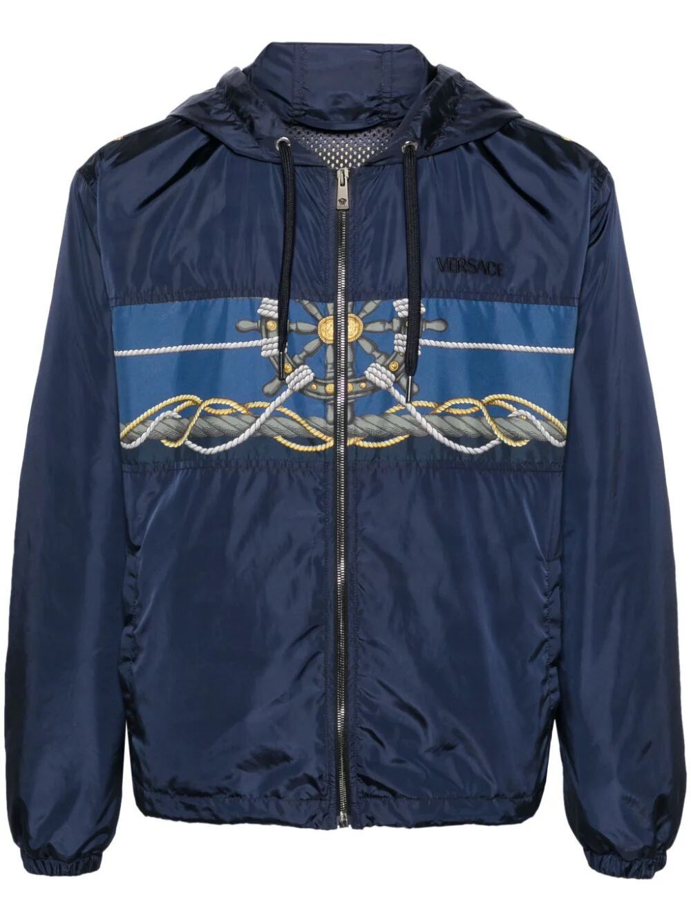 Shop Versace Blouson Technical Fabric And Poly Twill With  Nautical Print +  Writing Embroidery In Blue