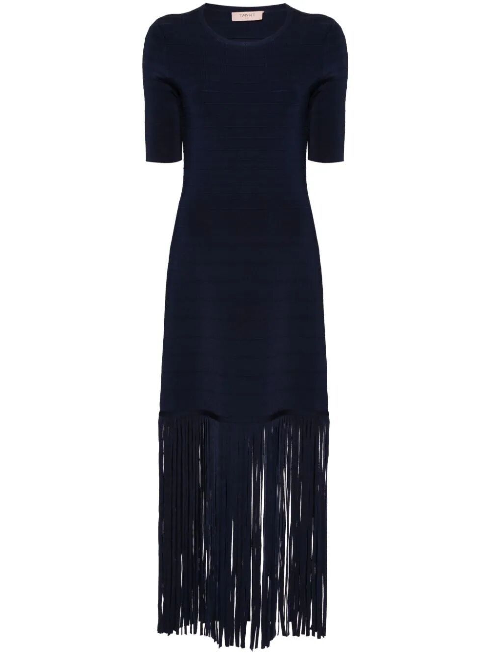 Twinset Short Sleeves Long Dress With Fringes In Blue