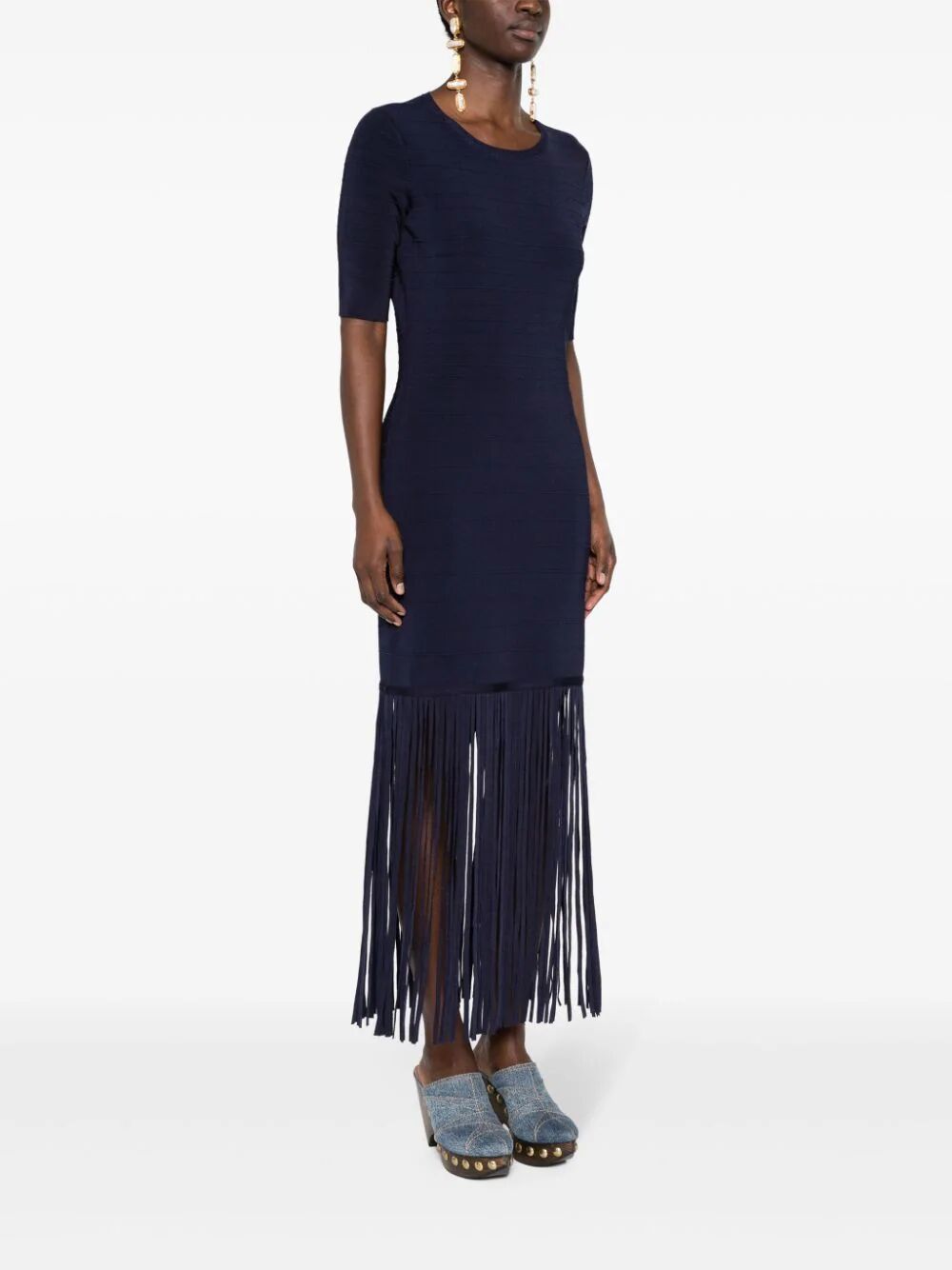 Shop Twinset Short Sleeves Long Dress With Fringes In Blue