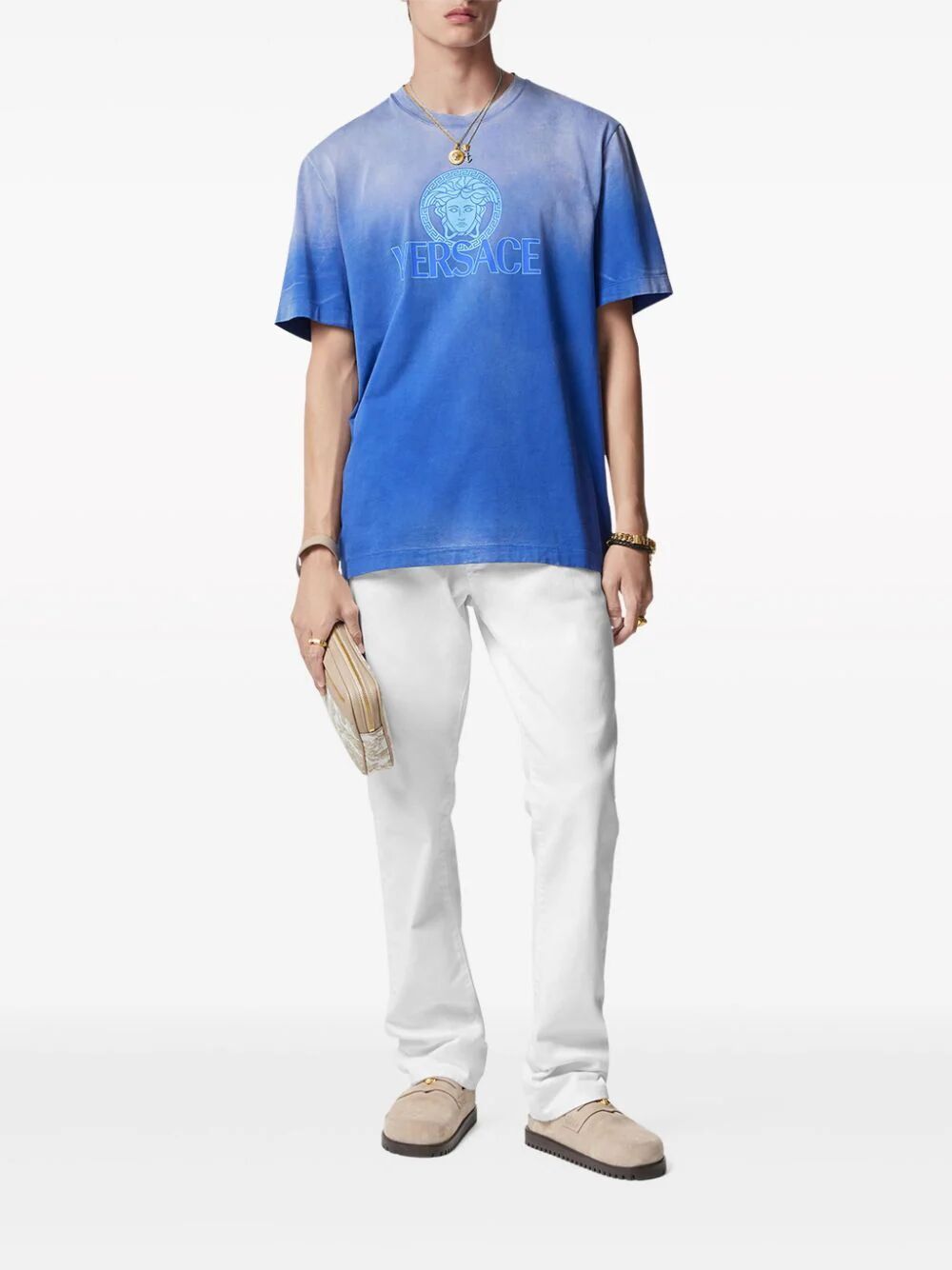 Shop Versace T-shirt Jersey Fabric Degrade Overdye In Blue