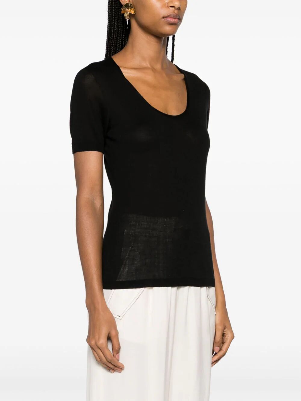 Shop Twinset Short Sleeves Wide Neck Sweater In Black