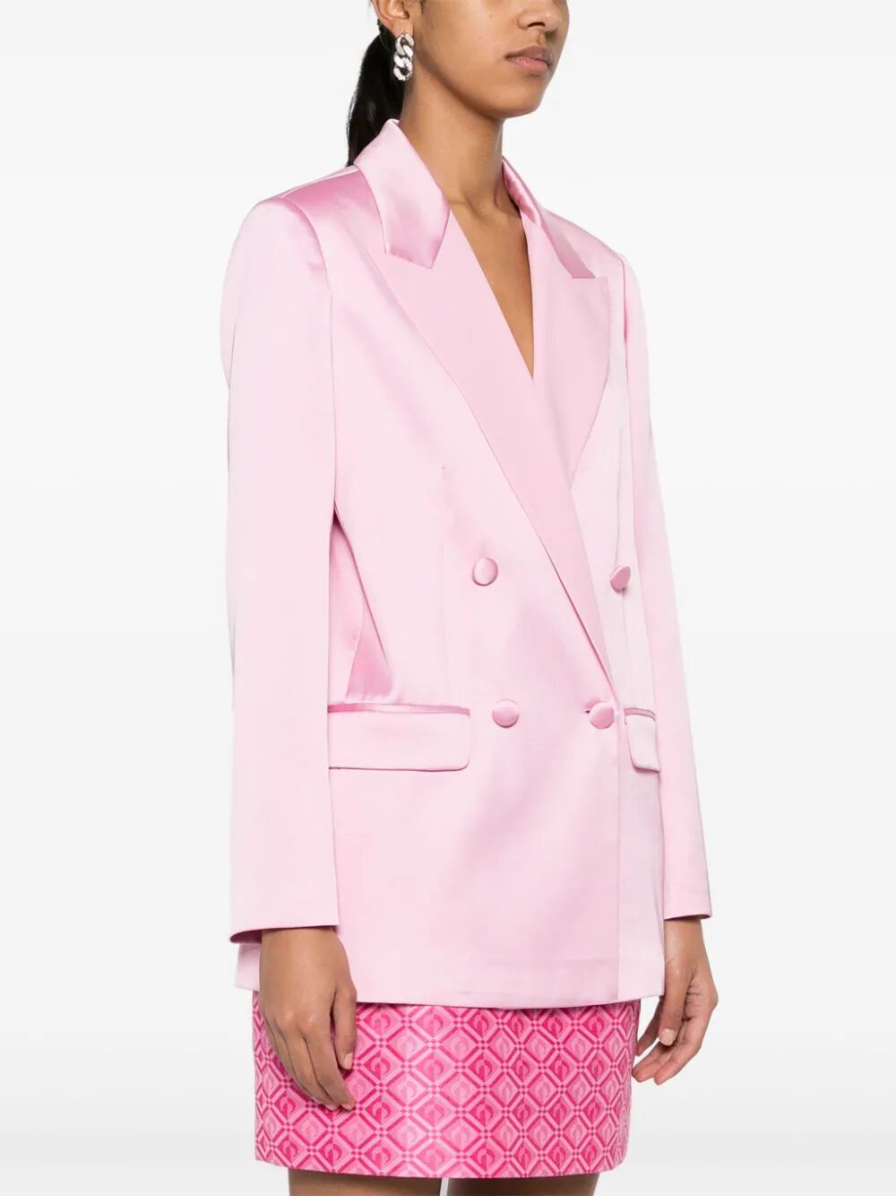 Shop Twinset Satin Double Breasted Jacket In Pink & Purple