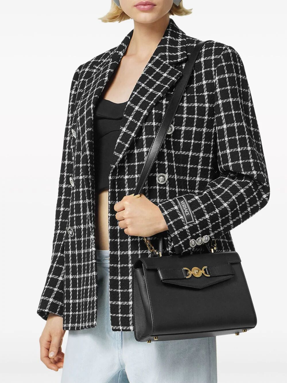 Shop Versace Medium Top Handle Bag In Black